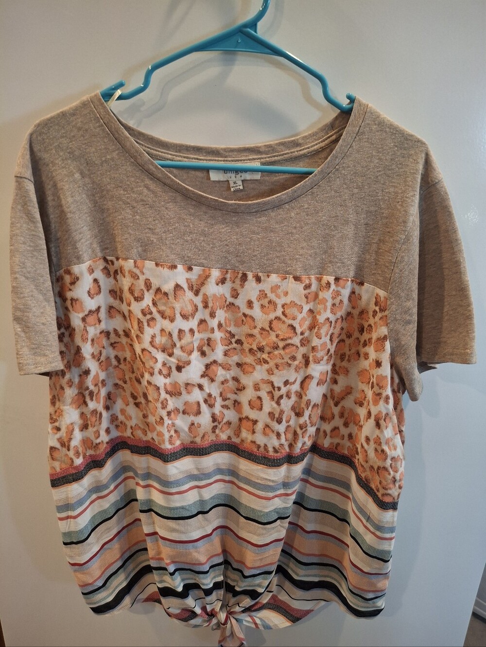 Umgee Taupe Leopard & Multi-Stripe Tie-Hem Tee